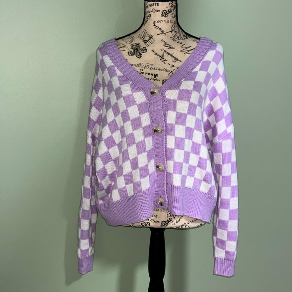 Checkered purple button down sweater